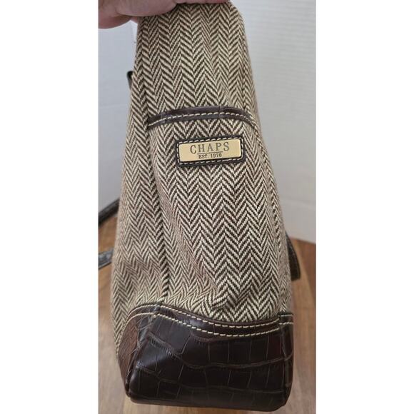 Chaps Dark Brown Herringbone Satchet Bag Purse Double Straps - Picture 2 of 9